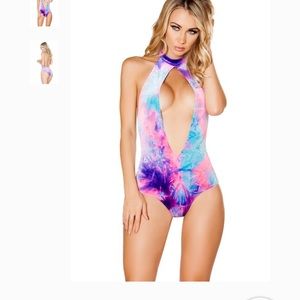 Tie dye halter plunge bodysuit